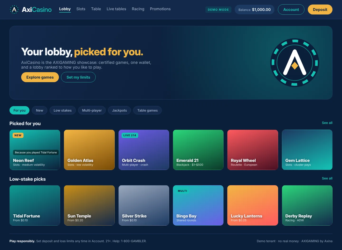 AxiCasino demo lobby on AXIGAMING, Axina's B2B iGaming platform