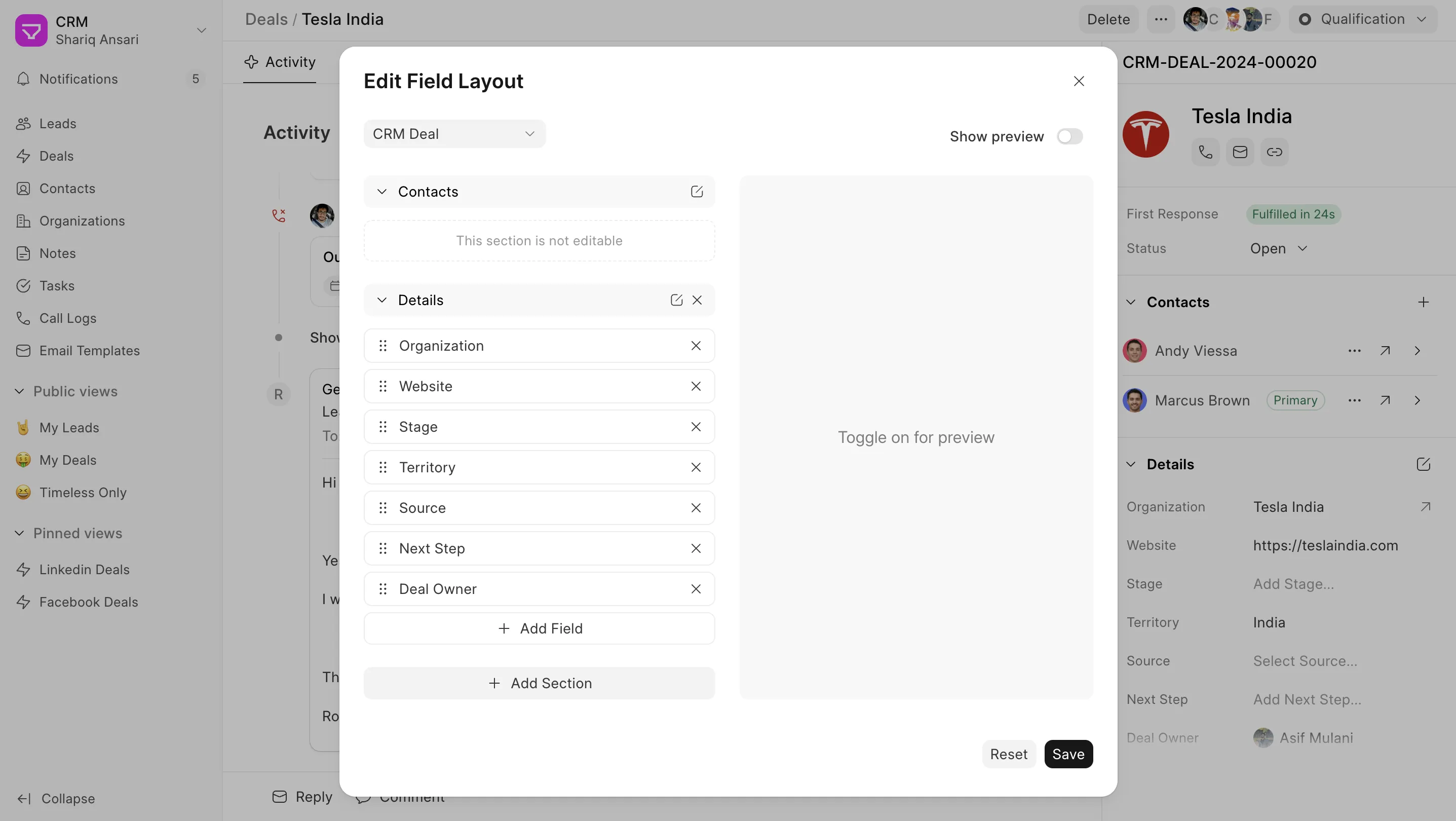 Axina CRM custom field layout editor