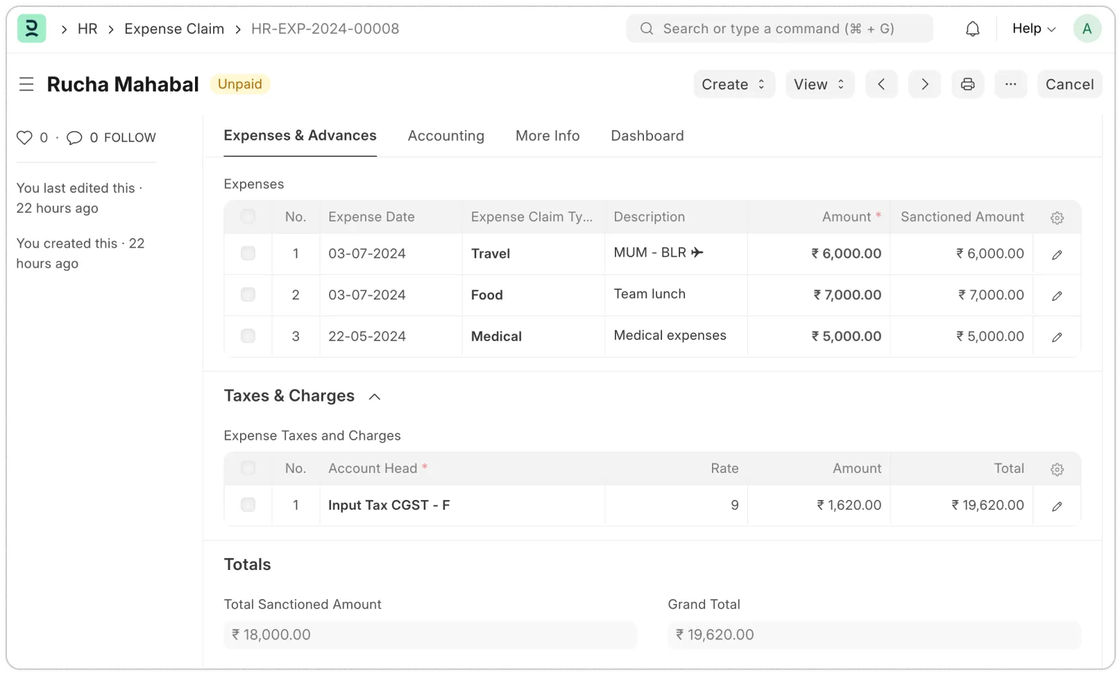 Axina HR expense claim